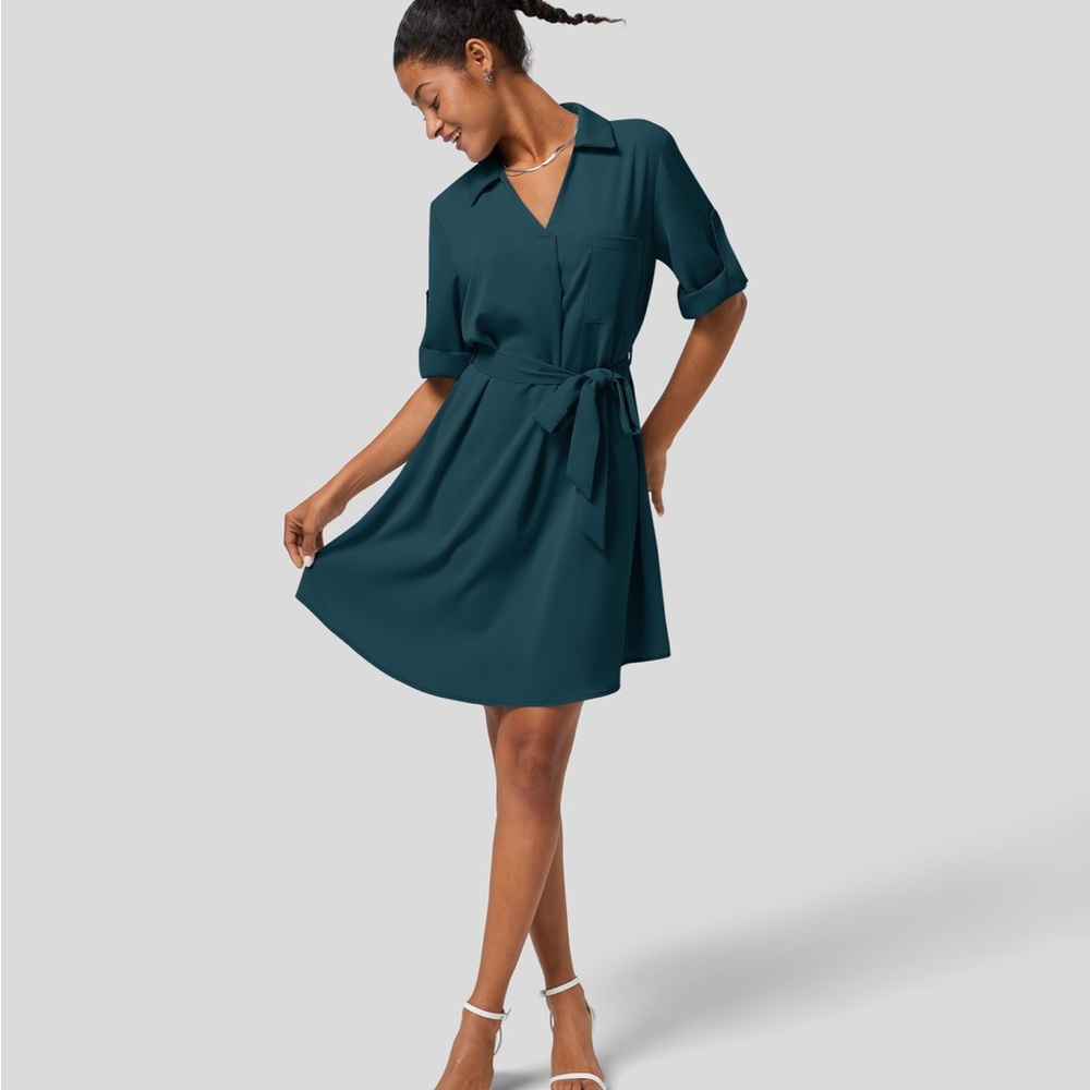 HALARA Teal Shirt Dress with Self-Tie Belt